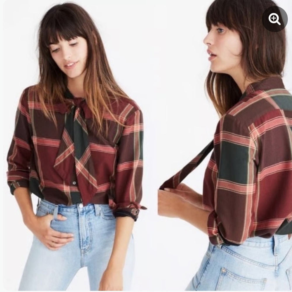 Madewell Multicolor Plaid Tie-Neck Shirt